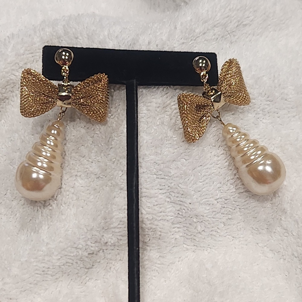 Gold Mesh Bow Drop Earrings with Spiral Faux Pearl Dangle‎ Statement Jewelry